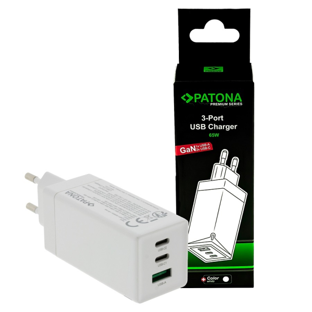 Patona Patona Alimentatore Premium GaN PD65W 2xUsb-C 1xUsb-A PD3.0 QC3.0 White