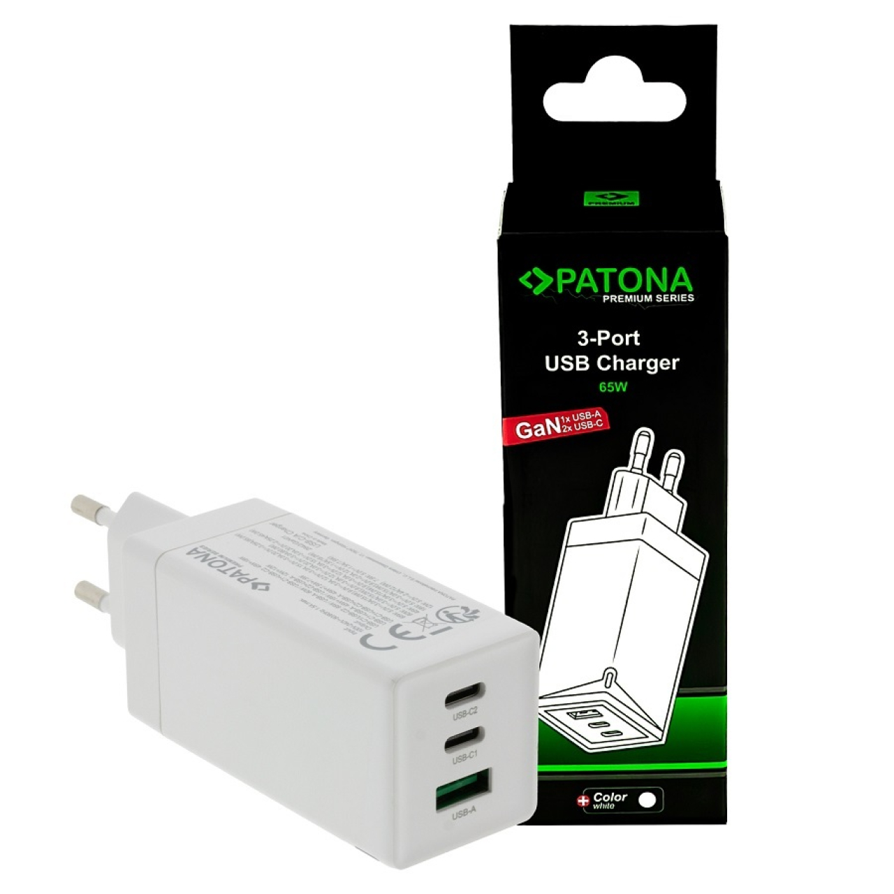 Patona Patona Alimentatore Premium GaN PD65W 2xUsb-C 1xUsb-A PD3.0 QC3.0 White