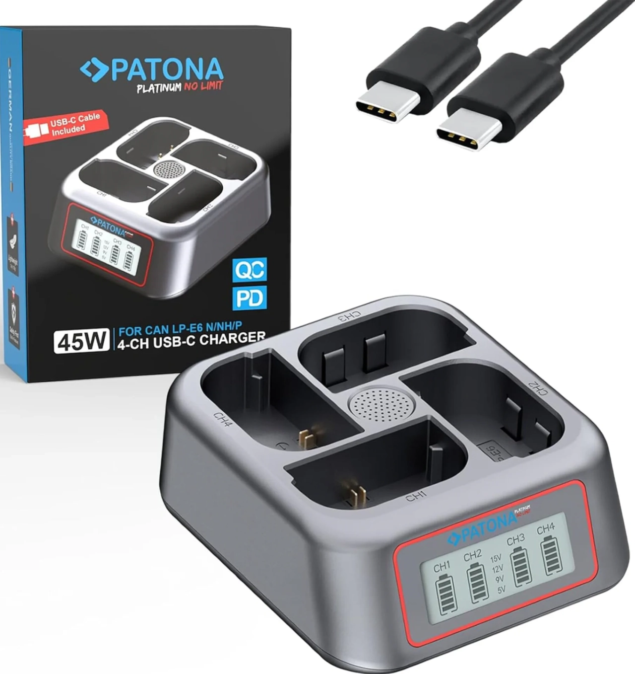 Patona PATONA Platinum USB-C PD QC 4-Port Fast Charger for Canon LP-E6 LP-E6N LP-E6NJ LP-E6P