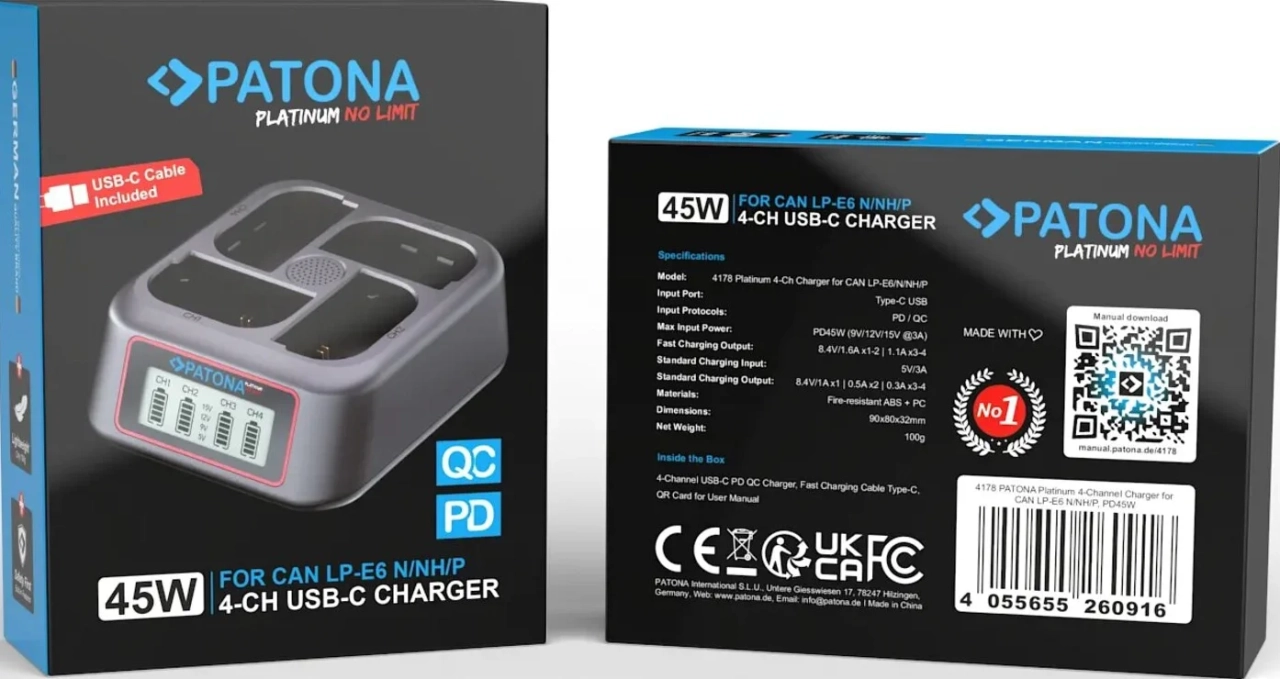 Patona PATONA Platinum USB-C PD QC 4-Port Fast Charger for Canon LP-E6 LP-E6N LP-E6NJ LP-E6P